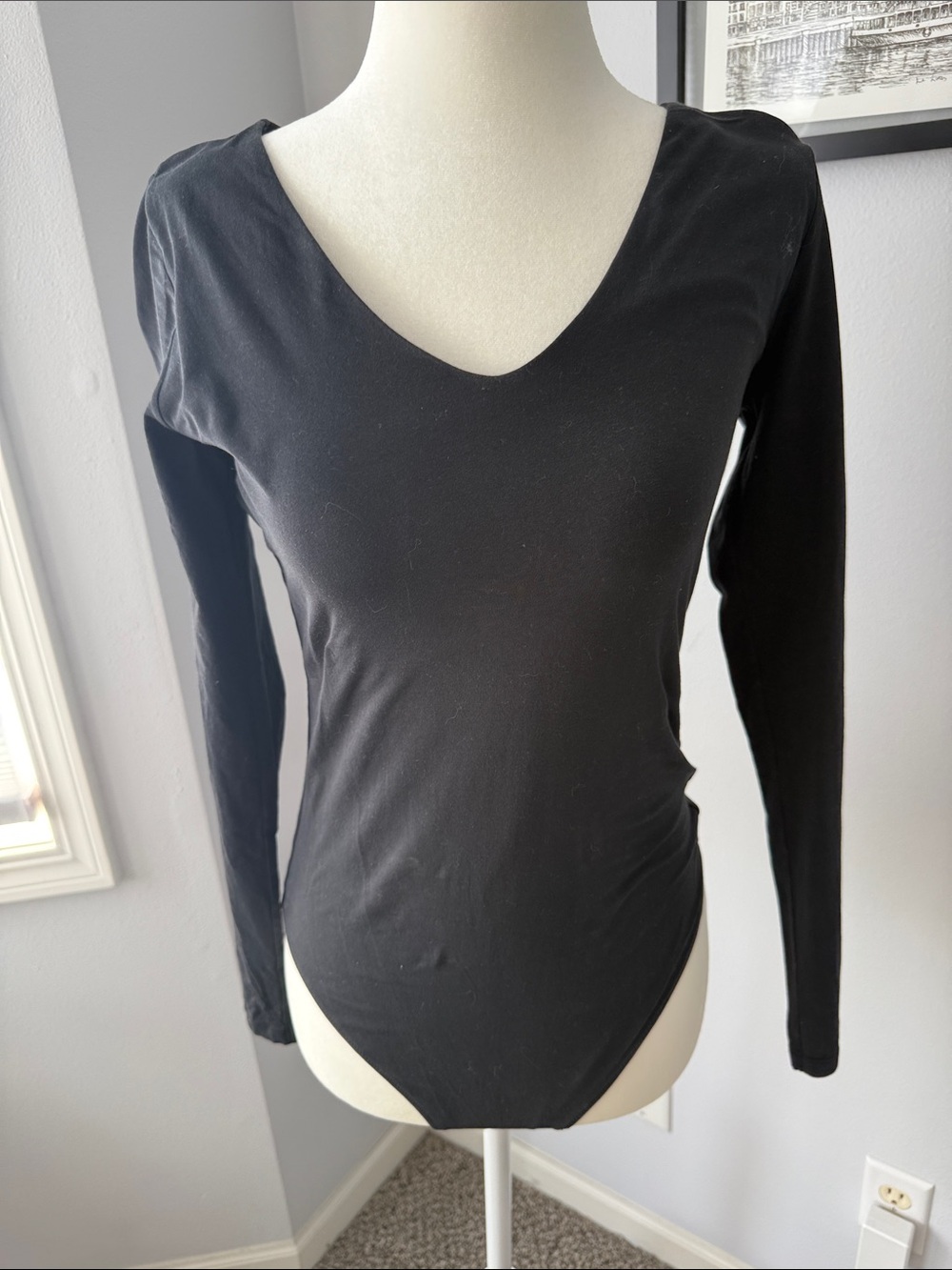 Everlane Black V-Neck Long Sleeve Bodysuit